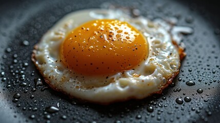 Crispy golden fried egg on sleek black non-stick pan with morning light.