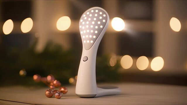 Closeup of a sleek handheld facial massager with vibrating bristles and textured surface