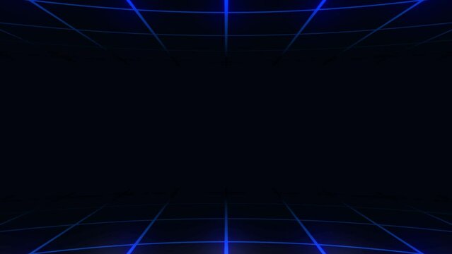 Abstract grid blue background.  Bright glowing neon lights moving background.