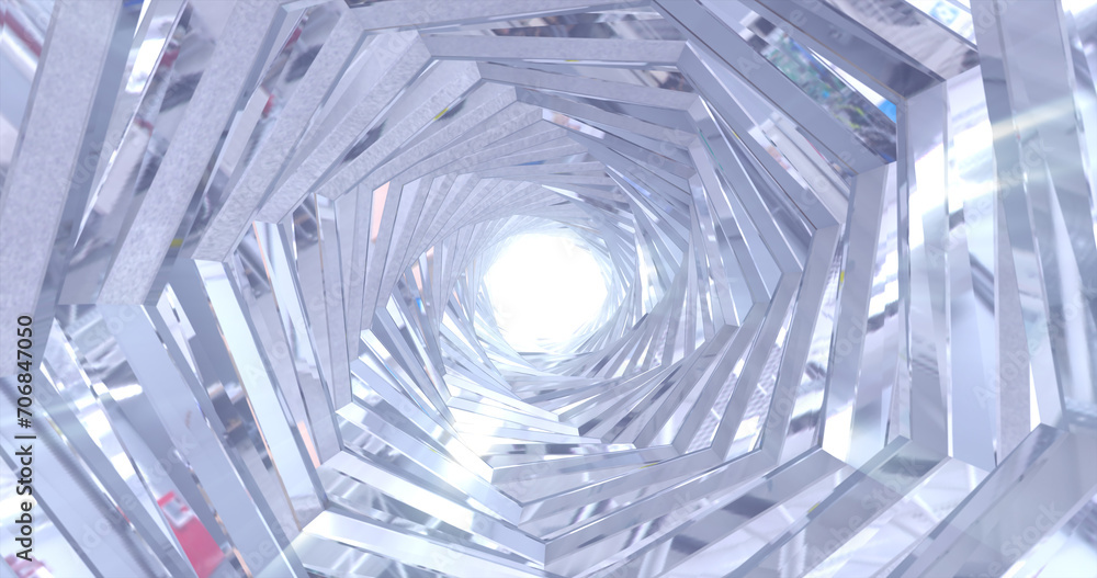 Poster abstract metallic shiny silver chrome polyhedral tunnel frame made of lines of hexagonal edges, mech