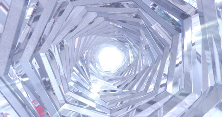 Abstract metallic shiny silver chrome polyhedral tunnel frame made of lines of hexagonal edges, mechanical high-tech tunnel futuristic, abstract background