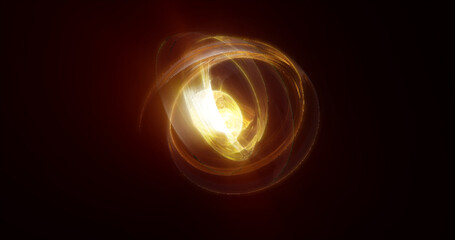 Abstract yellow rings spheres from energy magic waves of smoke circles and glowing lines on a black background