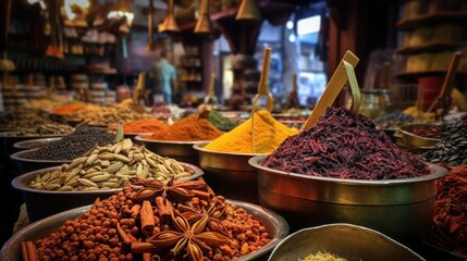 Obraz premium The rich and varied colors of spices in a bustling spice market