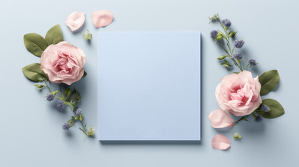 Blank invitation card surrounded by soft pink roses and blue wildflowers on a cool-toned backdrop, awaiting personalization.