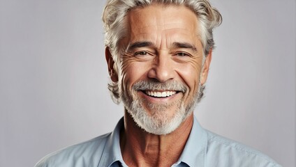 Obraz premium A close-up photo capturing the warm smile of a mature man with clean teeth, perfect for a dental ad. The gentleman features fresh, stylish hair and a well-groomed beard, showcasing a strong jawline