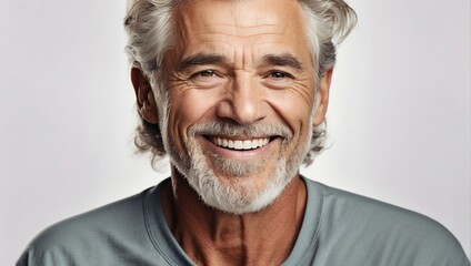 A close-up photo capturing the warm smile of a handsome, mature man with clean teeth, perfect for a dental advertisement.