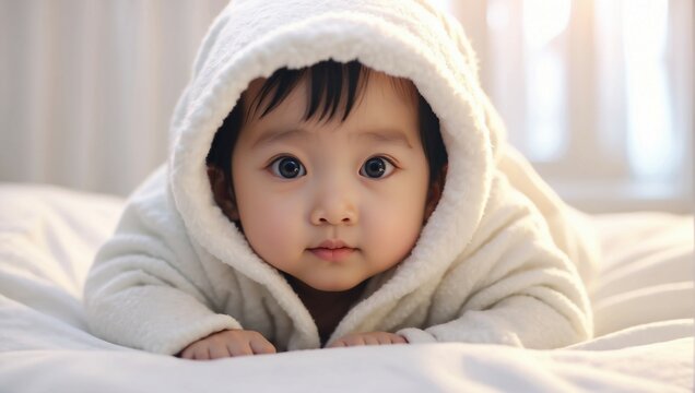 An adorable image of a little Asian baby wrapped in a soft white blanket, lying on a bed. This charming picture, with big beautiful eyes and a tiny nose, is perfect for advertisements