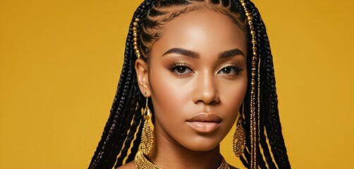  a close up of a woman with braids on her head and a necklace on her neck and a yellow background.