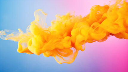 Abstract art of yellow smoke plumes swirling against a blue and pink gradient backdrop.