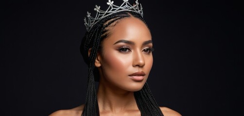  a woman with a crown on her head and braids on her hair, wearing a black dress and a tiara.