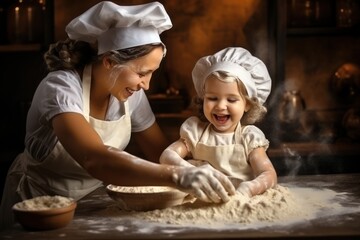 Little girl kneading flour with her mother. Infant Chef Concept