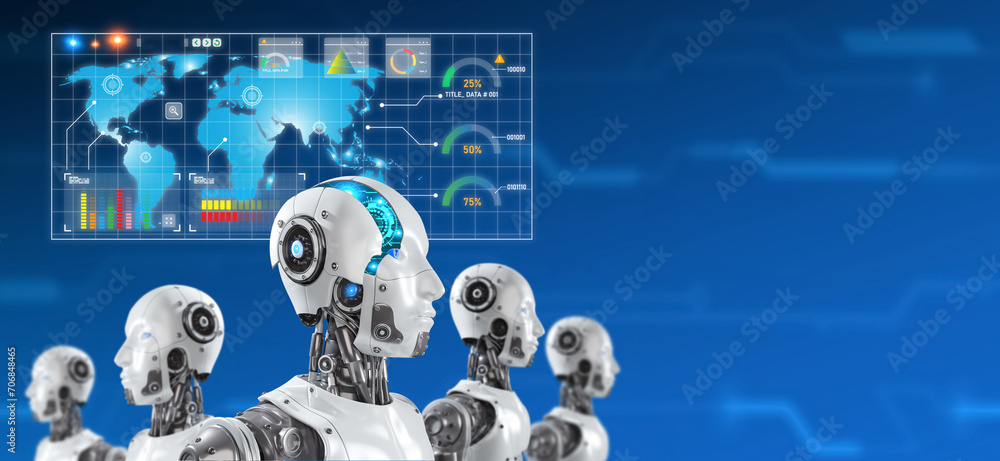 Poster focus at robot with digital brain engine in robotic group with digital graphic world map technologic