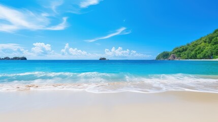 Fototapeta na wymiar Nature's tropical beauty unfolds on the sandy beach, where the azure sea meets the blue sky in perfect harmony.