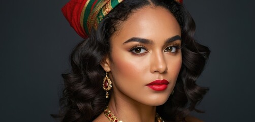 a close up of a woman wearing a red dress and a head piece with a gold chain around her neck.