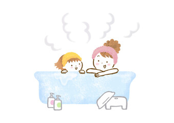 お風呂に入っている母親と娘の手描きイラスト