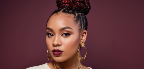  a close up of a woman with a bun in her hair and a necklace on her neck and earrings on her head.