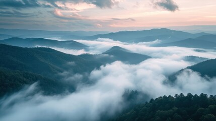 Foggy morning in the mountais. drone photography