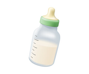 Baby milk bottle 3D icon. Nutrition in the plastic container for a newborn. White drink, dairy product. Isolated vector illustration in 3D cartoon style