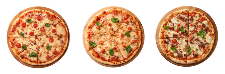 Italian pizza on wooden pizza board top view slated on white background