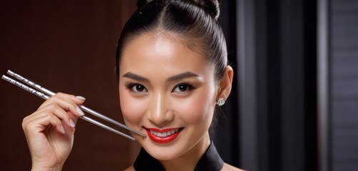  a woman holding a pair of chopsticks in front of her face with a smile on her face and two chopsticks in front of her face.