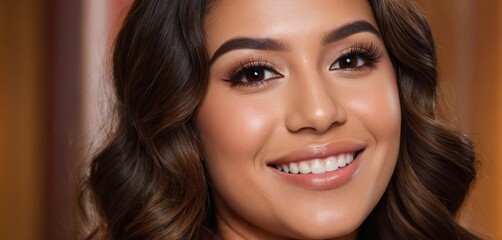  a close up of a woman's face with brown hair and brown eyeshadow and a smile on her face.