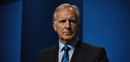  a close up of a person in a suit and tie with a blue wall behind him and a blue wall behind him.
