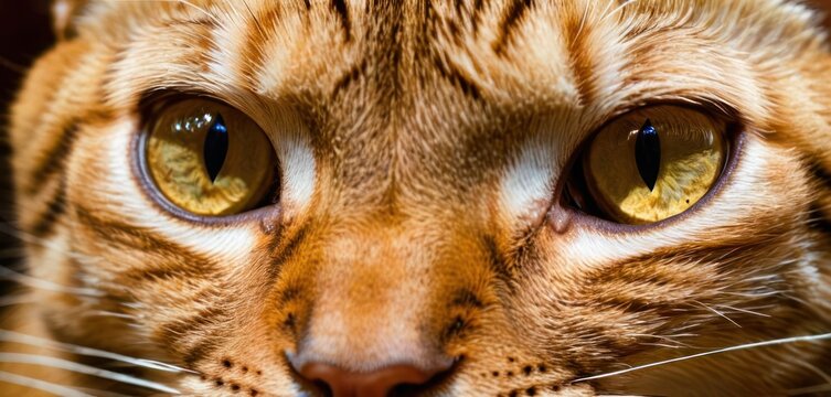  a close up of a cat's face with yellow eyes and whiskers on it's nose.