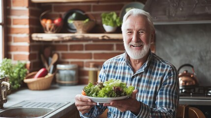 The kitchen becomes a haven of health as a middle-aged man radiates happiness, his hands cradling a plate of wholesome salad, a visual feast for the eyes