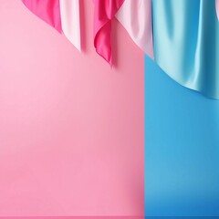 Simple blue pink white  background with ribbon and copy space, ready for invitation or greeting card design.  Generative AI.