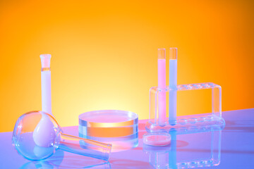 Science laboratory research and development content. Gradient background with test tubes, boiling and erlenmeyer flask containing color solution decorated. Space to place your product