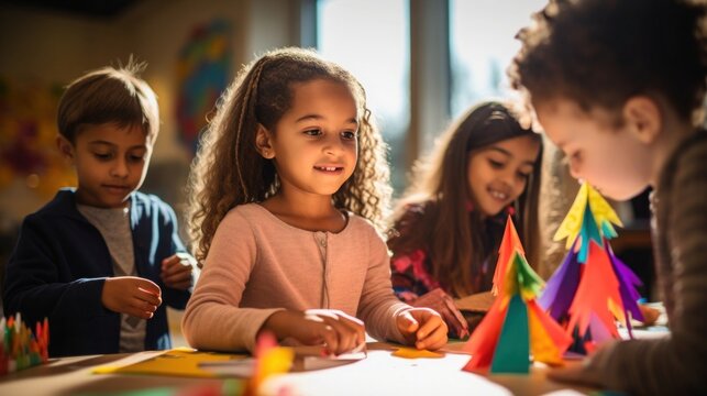 Group of kids making colorful Thanksgiving-themed crafts at a school event