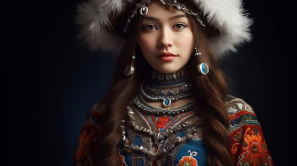 Deurstickers Portrait of a young Turkic girl in national dress. © Татьяна Оракова