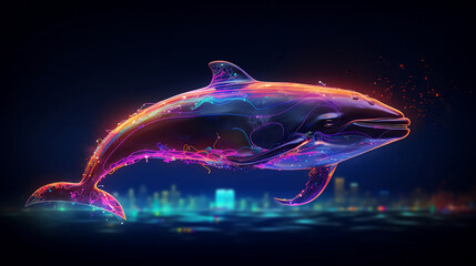 Neon whale on a black background. - obrazy, fototapety, plakaty