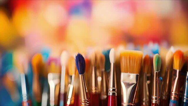 Closeup of a set of paintbrushes, each one dipped in a different vibrant color, symbolizing the beauty of a diverse community coming together.