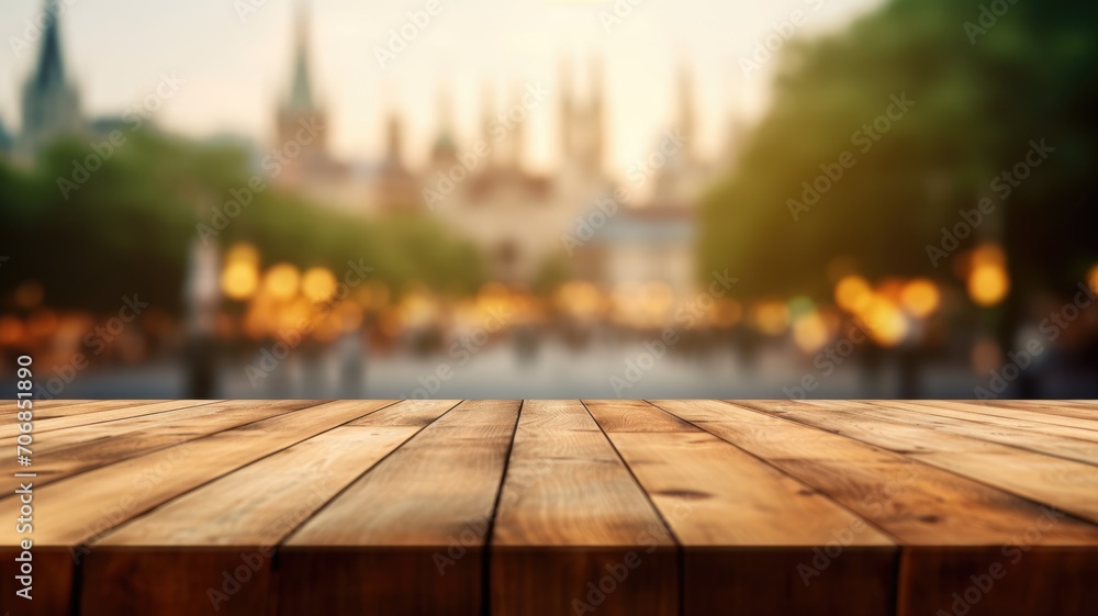 Aufkleber the empty wooden table top with blur background of town square. exuberant image. generative ai