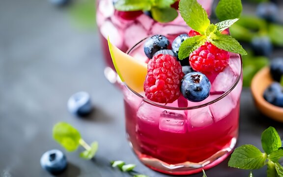 Blueberry Cocktail with fresh organic fruits and herbs, classic drink menu concept with Copy space, ai generative