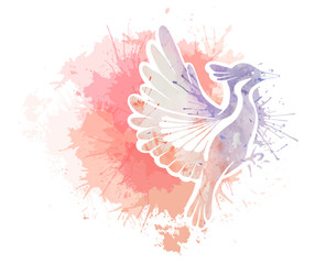 Vector illustration of a stylized bird with watercolor splatters on a white background. Painting of the silhouette of a flying bird with dye sprays.