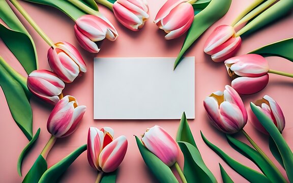 Pink tulips with blank card. Top view of photo frame with gift box copy space. minimalistic . generative ai,