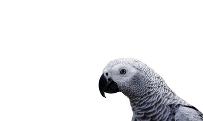 Naklejka premium Enchanting Parrot: A Tropical Delight with White View, Imitation of Red Creatures, Cute Grey Wings, and a Beak Standing as a Domestic Parakeet - The Captivating Indoor Pet with Side-Eye Stares