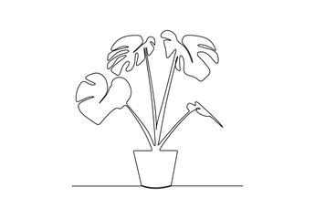 Houseplant monstera continuous single line drawing. Isolated on white background vector illustration. Pro vector.