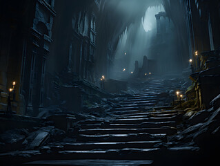 A dark cave with wooden stairs