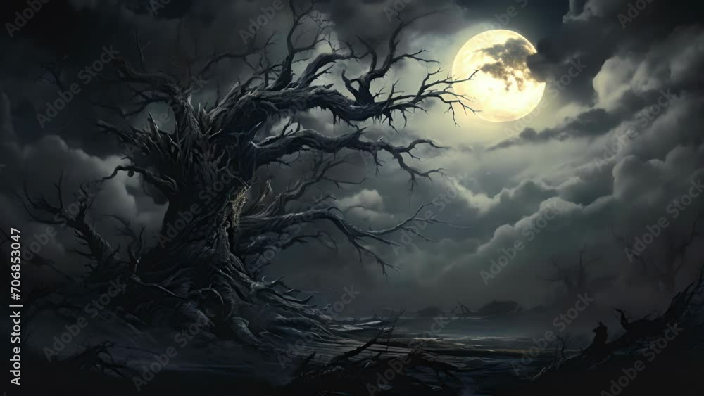 Poster a full moon suddenly emerging from dark clouds casting shadows over a twisted tree.