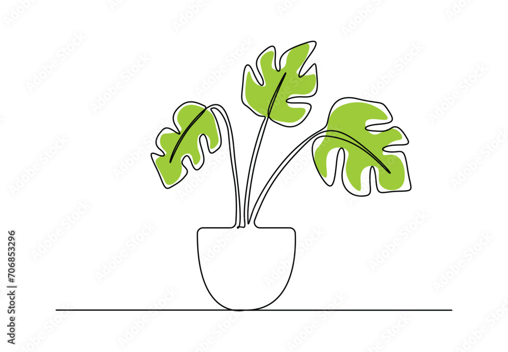 Poster monstera continuous one line drawing. isolated on white background vector illustration. free vector.