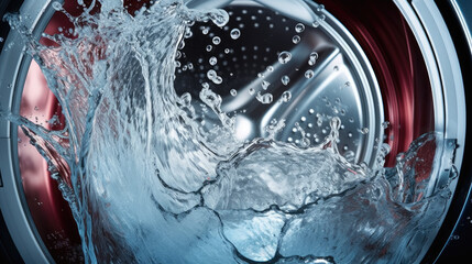 Water splashes in washing machine drum,, Washing machine drum with clean water flow and splashes.  - obrazy, fototapety, plakaty