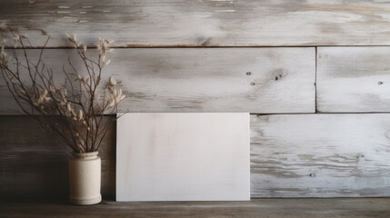 A simple still life composition featuring a vase with dried flowers and a blank white canvas against a rustic wooden background.