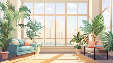 Bright living room in retro, boho style. Lots of tropical indoor plants in the room.