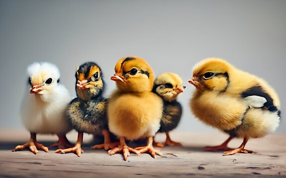 Many cute chicks on white background. Space for text, ai generative