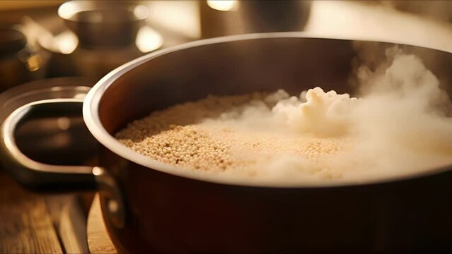 Closeup of a steamy pot of quinoa being stirred with a wooden s.