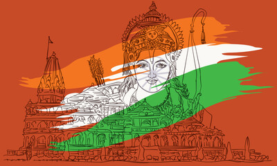 Indian flag or three colors, ayodhya ram mandir with god rama - obrazy, fototapety, plakaty