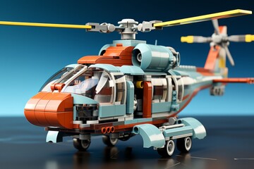 3D Render of a  Helicopter Toy, on an isolated Sky Blue background, Generative AI